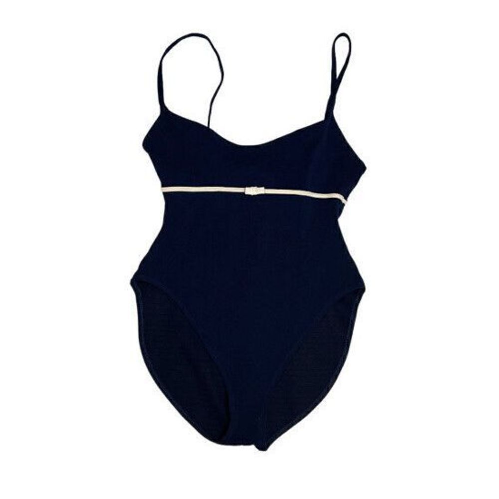 Vintage Oscar De La Renta One Piece Swim Bathing Suit Navy High Cut Size 12